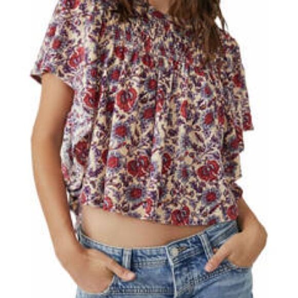 Free People small floral boho flutter sleeve linen cotton cropped top - Picture 1 of 10